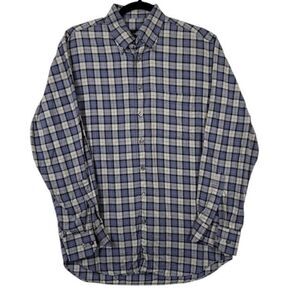 Scott Barber Brushed Cotton Button Front Shirt Blue Gray Checkered Size Medium